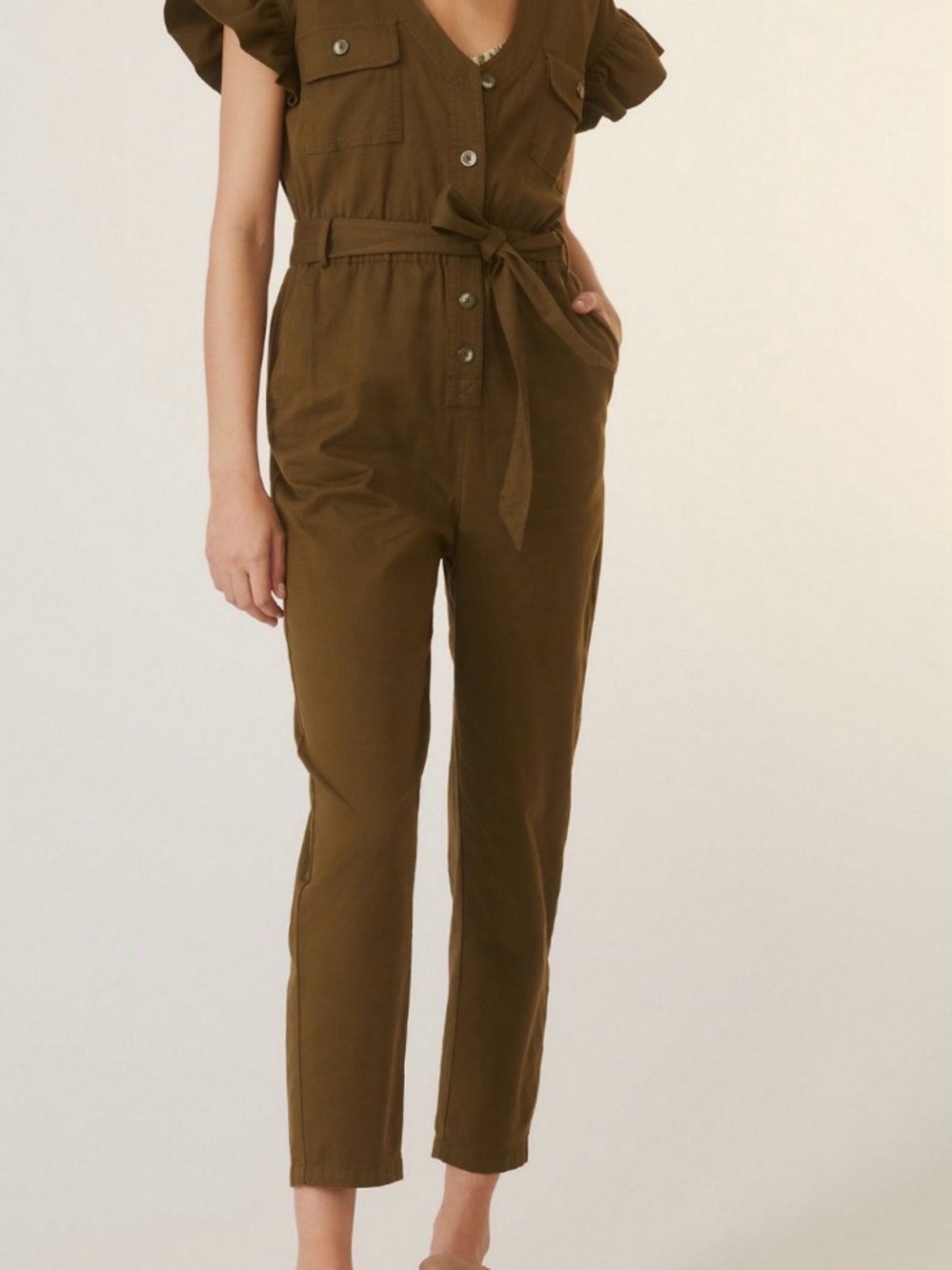 Anthropologie Olive Utility Ruffle sleeved Jumpsuit